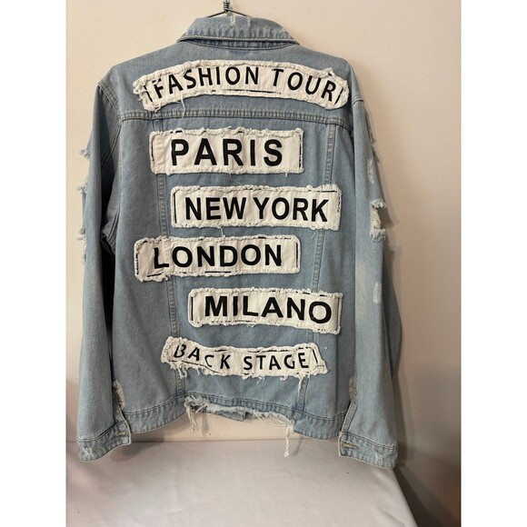 AMERICAN BAZI FASHION TOUR DISTRESSED RIPPED DENIM JKT 1x - Picture 2 of 3
